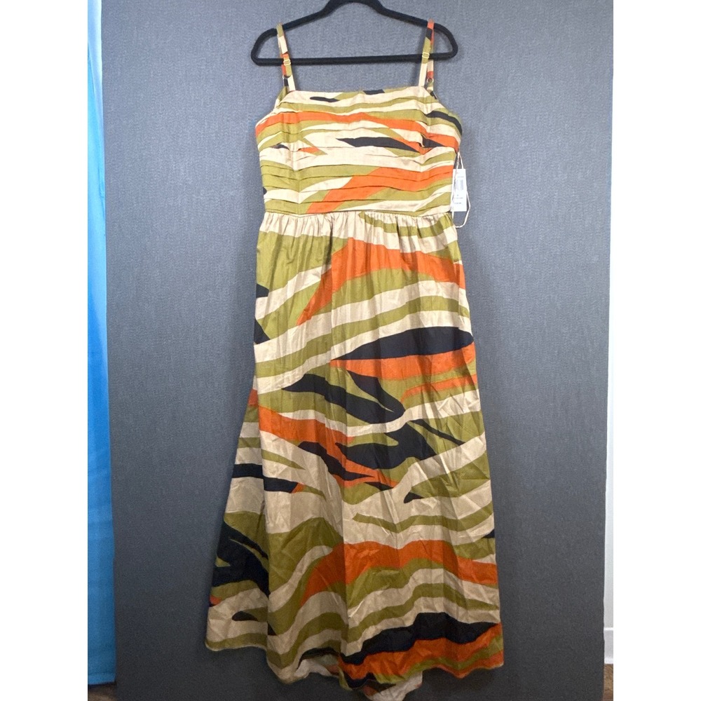 MSK Olive Drab Abstract Print Cotton Linen Maxi Dress Tie Back Cutout XL NWT